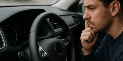 O carro não liga. Close de um painel de um carro todo apagado, indicando que não está ligando, pessoa pensativa em como resolver o problema em seu carro