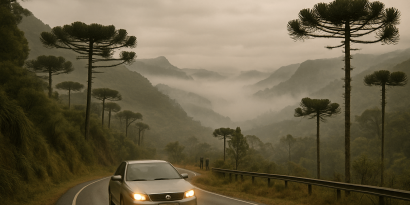 viajar no inverno. Um carro dirigindo por uma estrada sinuosa nas montanhas do sul do Brasil durante o inverno. O céu está nublado e encoberto, com uma névoa suave cobrindo os vales. Araucárias margeiam a estrada, e a paisagem é verde, mas levemente seca. O ar parece frio e limpo, com pessoas ao longe usando jaquetas leves de inverno. Os faróis do carro estão acesos, iluminando a estrada enevoada à frente. Há um leve tom alaranjado na atmosfera, como se fosse início da manhã ou final da tarde, dando um toque acolhedor e nostálgico à cena, sem tirar a sensação de inverno. Clima sereno e atmosférico.
